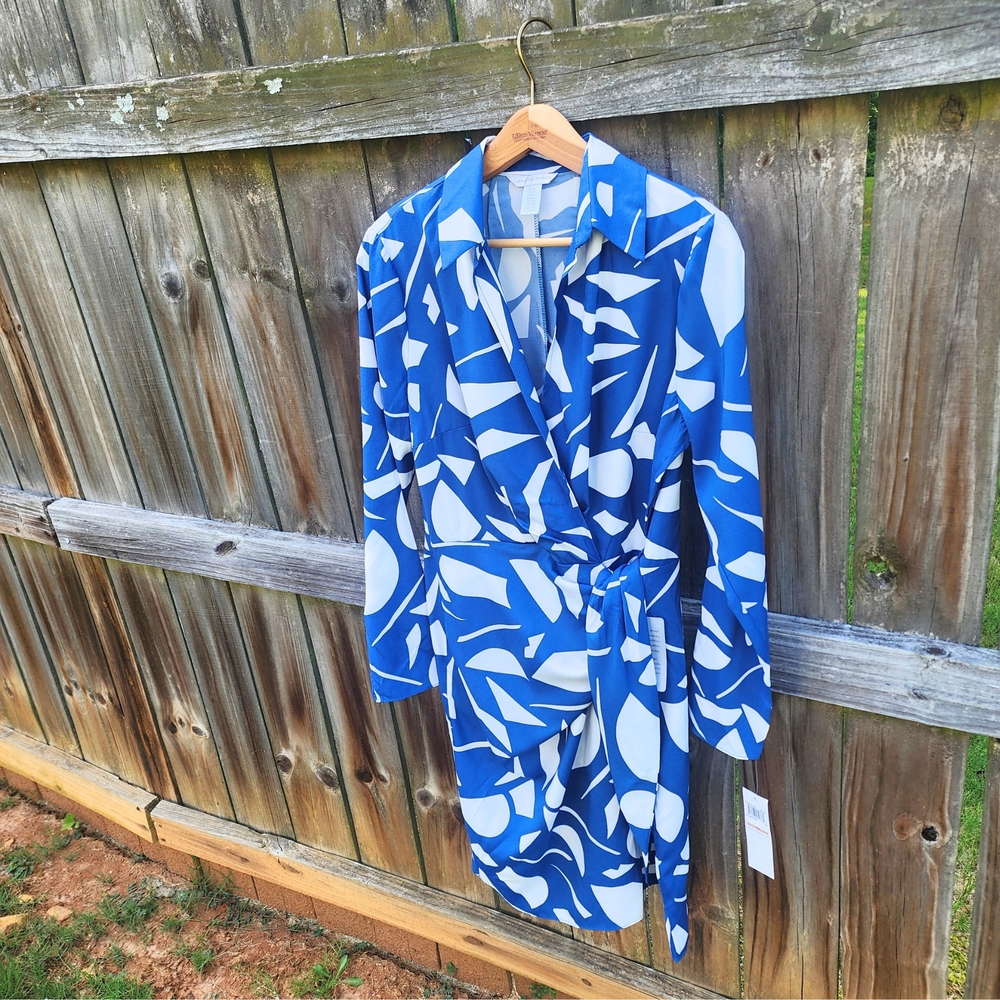 London Times Blue and White Long Sleeve Faux Wrap Dress, Size 12 - Picture 7 of 12
